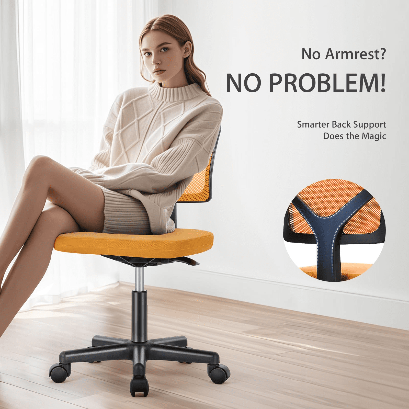 Kelno Small Desk Chair with Wheels Armless Low-Back Office Chair Ergonomic Adjustable Computer Desk Chair with Lumbar Support,Orange