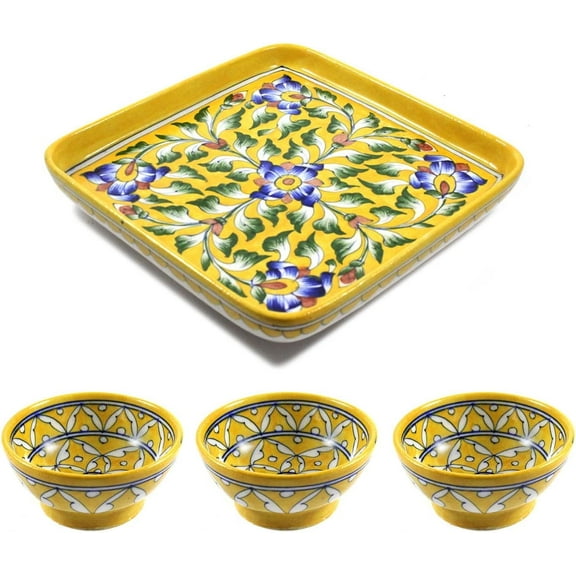 India Meets India Handicraft Ceramic Dessert serving 3 Bowls 50 ml and Serving Tray Set, Best Gifting, Made By Awarded Indian Artisan