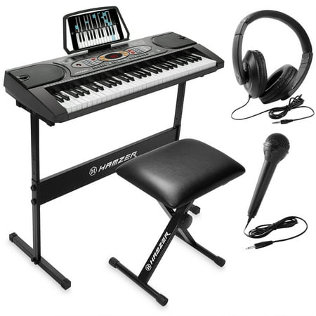 Hamzer 61-Key Electronic Keyboard Portable Digital Music Piano with H Stand, Stool, Headphones Microphone, & Sticker
