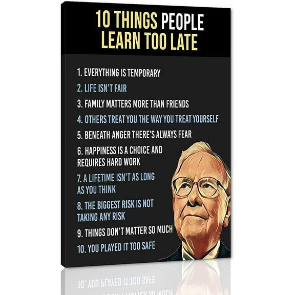 Warren Buffett Quotes Ten Things People Learn Too Late Motivational Framed Office Wall Art Poster and Print Inspirational Home Wall Decoration Pictures Framed Easy to Hang-12"Wx18"H