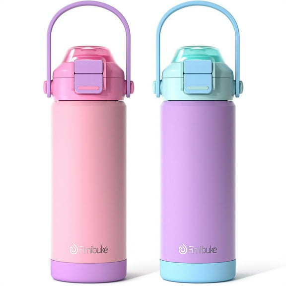 2 Pack Kids Insulated Water Bottle with Pop-Open Straw & Spout 2-in-1 Lid, 18oz Leak Proof 18/8 Stainless Steel Vacuum Tumbler, Kids Cup For Travel School Girls Boys, Macaron