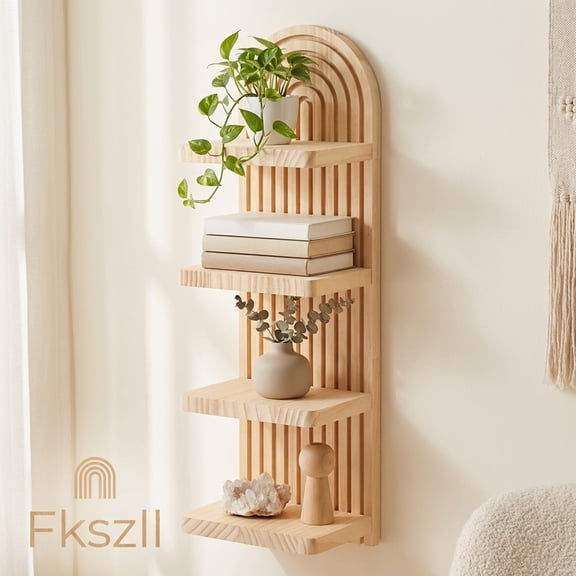 FKSZLL Boho Wall Shelf with Arched Wood Design Floating Shelf Mid-Century Rainbow Decor Wall Shelf for Home Bedroom Living Room Bathroom Office, 18.9 x 5.7 x 4.33 Inch, 4 Tier