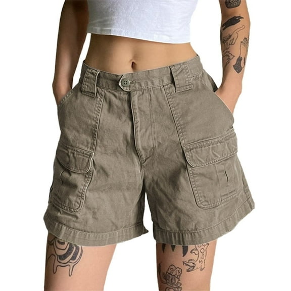 EMMIOL Women's Mid Waist Cargo Shorts Elastic Waist Casual Summer Cotton Shorts with Pockets