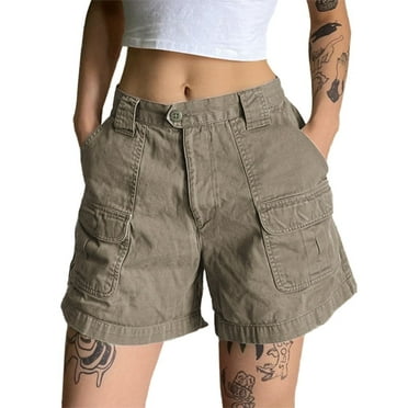 EMMIOL Women's Mid Waist Cargo Shorts Elastic Waist Casual Summer Cotton Shorts with Pockets