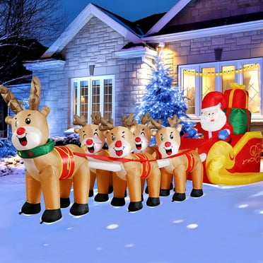 DeeKom 12' Christmas Inflatable Outdoor Decorations, Xmas Blow up Santa Claus on Sleigh with Reindeers, Built-in LEDs for Lawn Yard Garden