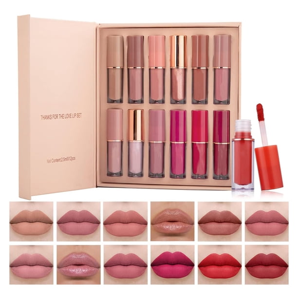 Bluemega 12 Colores Labiales Mate Larga Duracion Pintalabios Permanente Barra de Labios Líquido Brillo de Labios Hidratante Lapiz de Labios Set Maquillaje para Mujer Regalo San Valent&i