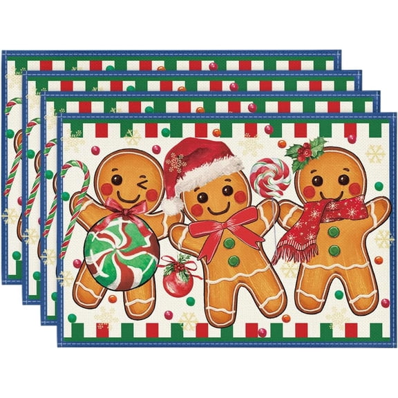 mubwai Gingerbread Candy Cane Blue Christmas Placemats Set of 4, 12x18 Inch Seasonal Table Mats for Party Kitchen Dining Decoration