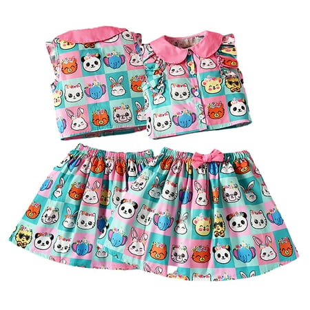 

KYAIGUO Toddler Baby Girls 2 Piece Summer Dress Outfits Kids Sleeveless Doll Collar Top Animal Print Bowknot Skirt Set Button down Shirt Top A-Line Mini Skirt Set for 4-7 Years Old