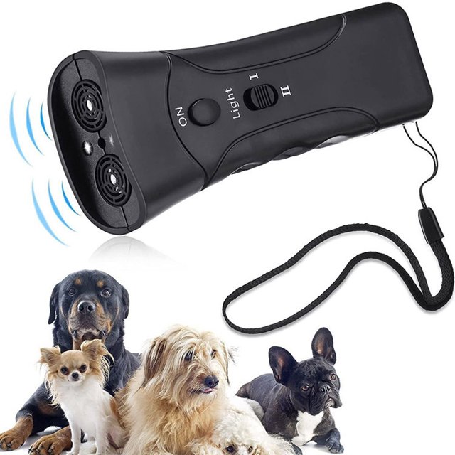1 unidad de repelente de perros de doble cabeza negro, linterna LED, entrenador ultrasónico para perros, tapón de ladridos para mascotas, ladrador portátil ER