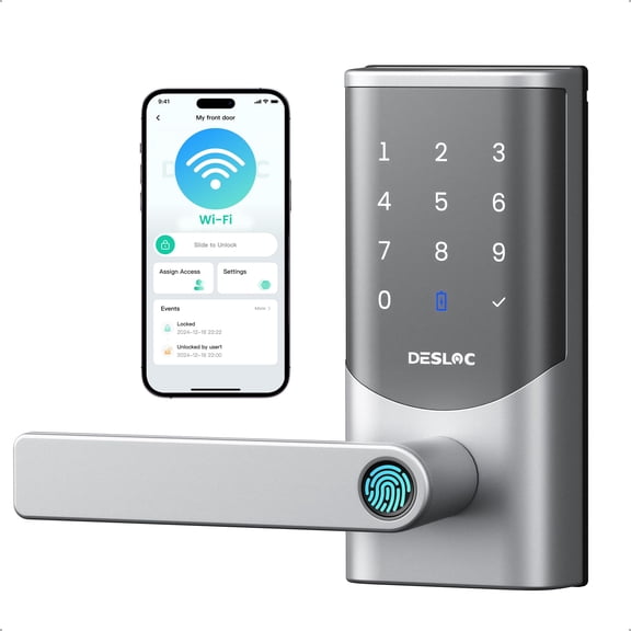 DESLOC K221 Fingerprint Smart Door Lock with Handle 16-Month Battery Built-in WiFi, Keypad Door Lock with App Control Silver
