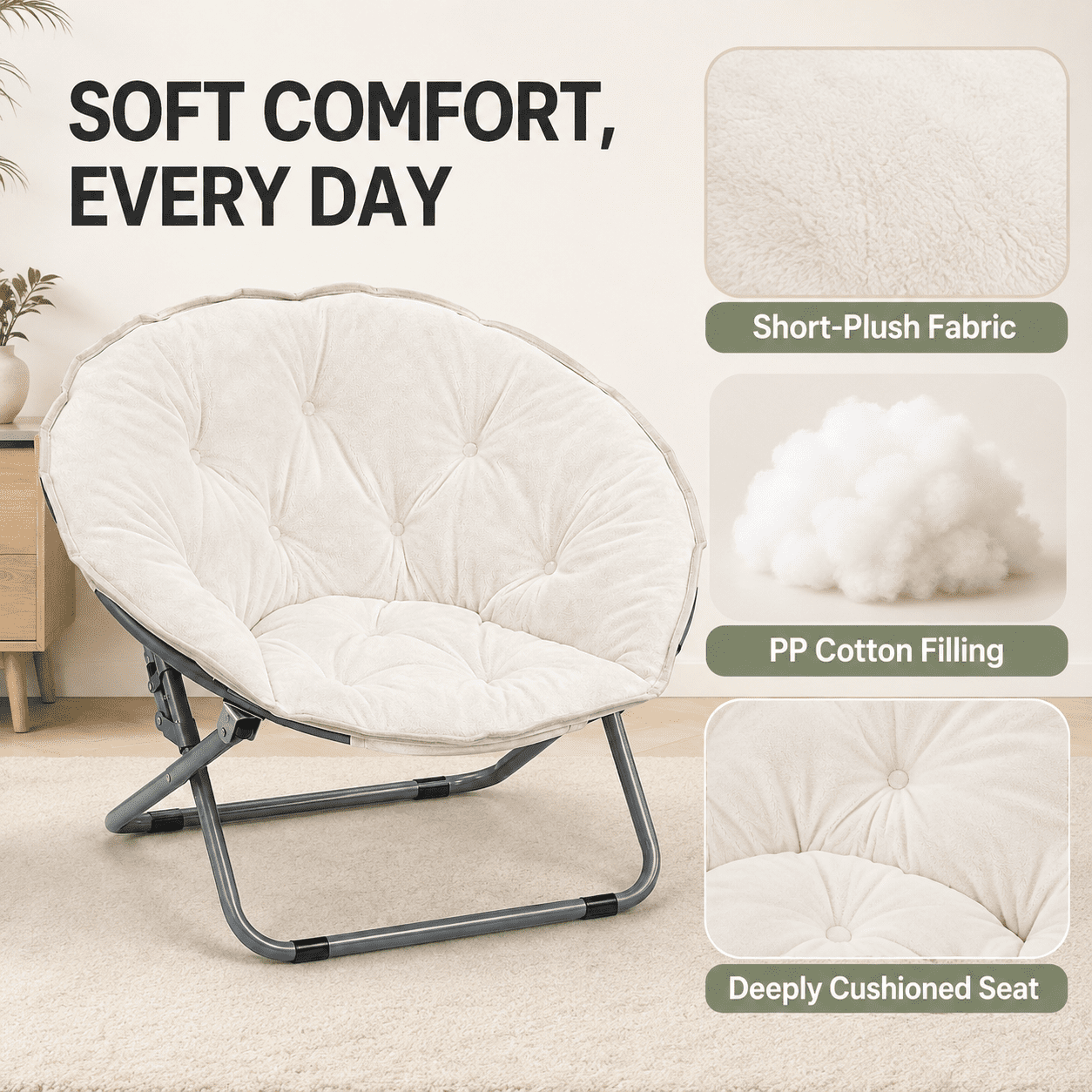 CLOUDREST PRO Soft Plush Folding Saucer Chair for Adults, Padded Round Lounge Seat, Metal Frame, 300 lb Capacity, White