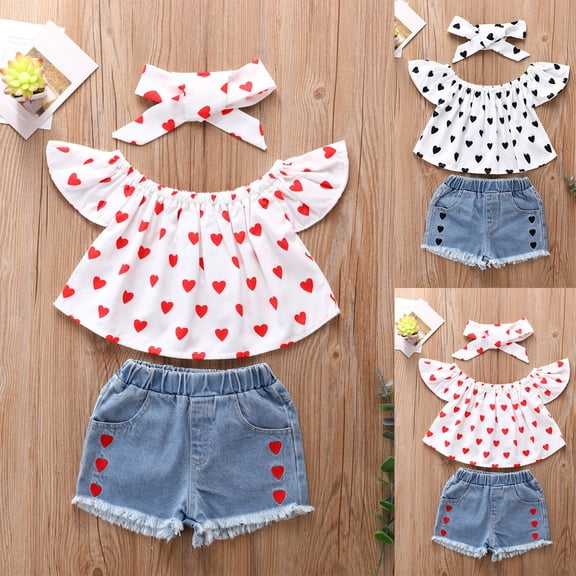 ITSAME Girls Outfit 3-Piece(2-7T), Heart Print Ruffle Sleeve Pullover Top and Denim Shorts with Heart Print Headscarf Summer Stylish Casual Sets Red 4-5T