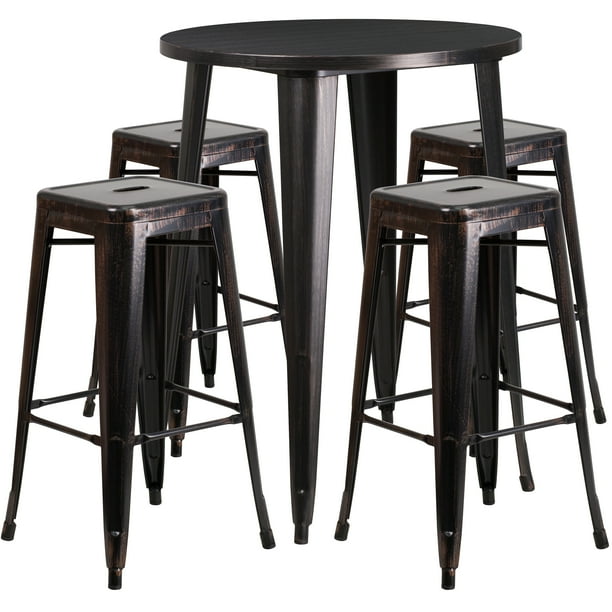 Commercial Grade 30 Round Antique Metal Bar Table Set 4 Backless Stools Com Antique Metal Bar Table Set, Wood And Metal Bar Table