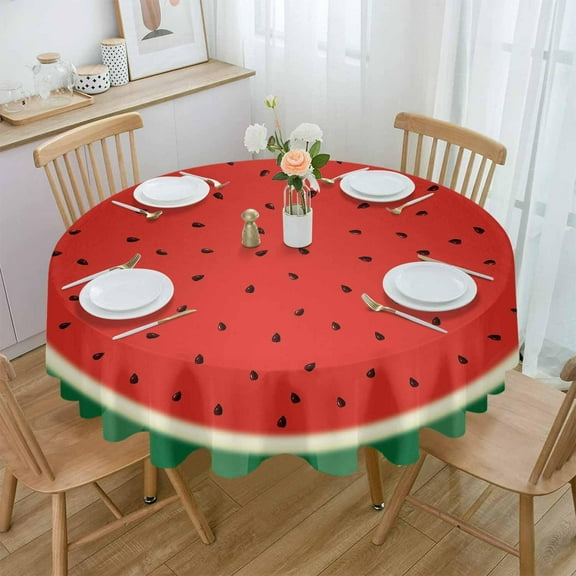 Watermelon Round Tablecloth 60 Inch - Waterproof Fabric Table Cloth Protector, Watercolor Red Summer Fruits Green Striped Tablecloths Washable Table Cover for Kitchen Banquet Coffee Table