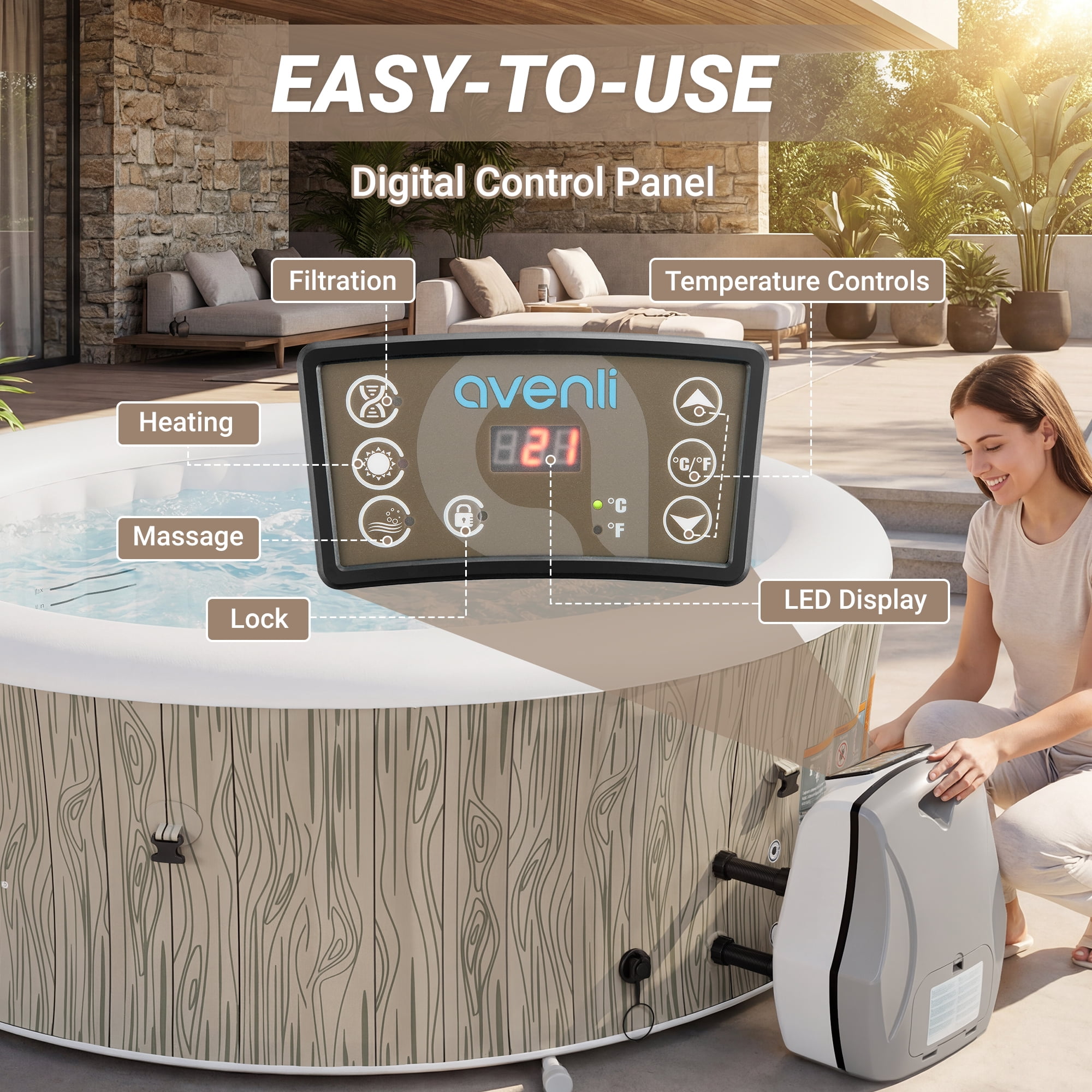 Seizeen Inflatable Hot Tub for 6-8 Person, Outdoor Blow Up Hot Tub 80'' Round Wood Grain, Multifunctional Portable Home SPA with 140 Bubble Jets, Heating & Filtration System, Cover