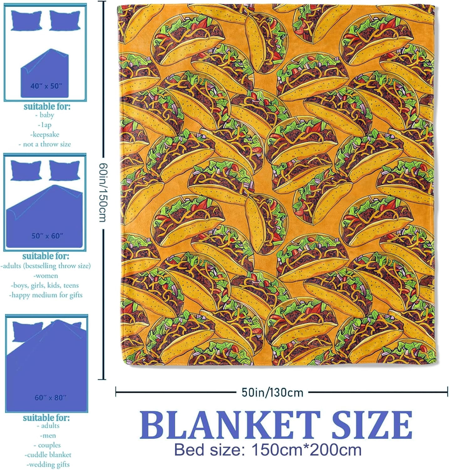 Fun Mexican Food Taco Throw Blanket for Women Girls Boys, Soft Flannel Blankets Gifts