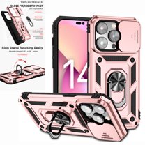 Nalacover Heavy Duty Armor Case for iPhone 14 Pro Max, Rugged PC Soft TPU Military Grade Shockproof Metal Magnetic Plate Shockproof Cover with Camera Lens Sliding Ring Holder Kickstand Case,Rosegold