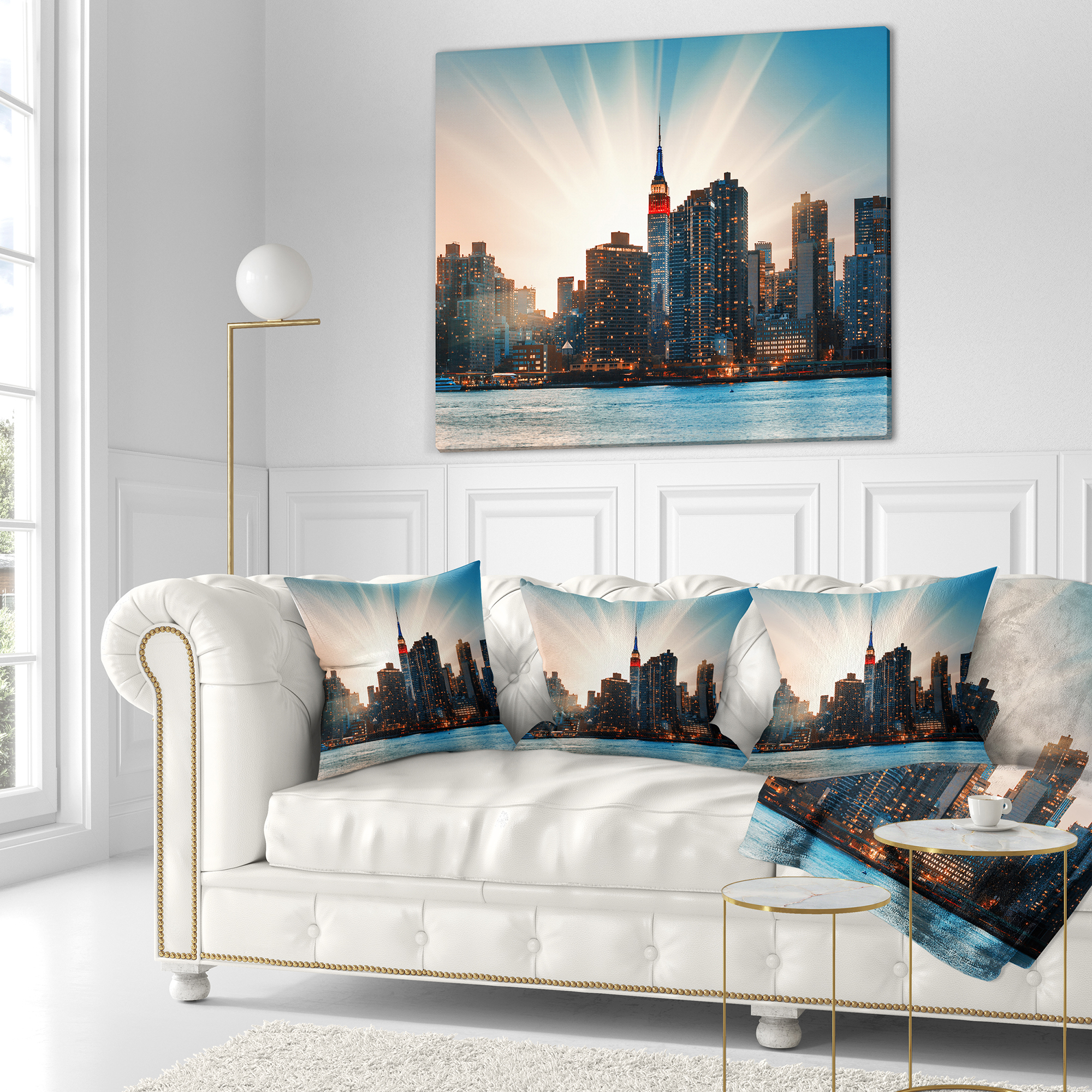 Designart Manhattan Skyline at Bright Sunset - Throw Pillow - 16x16