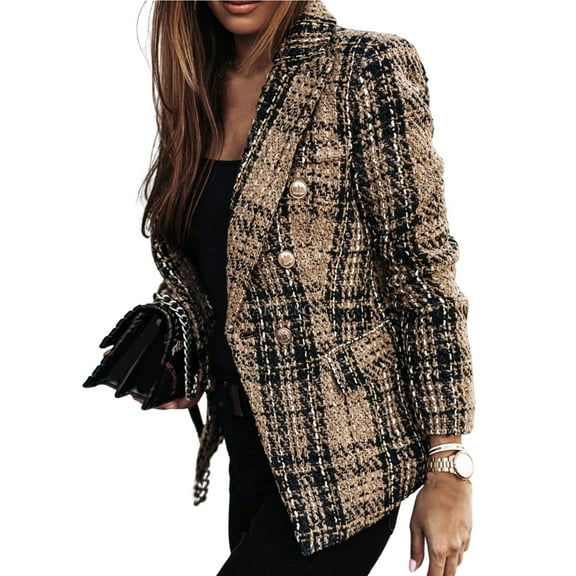 comerut Women Blazer Double-breasted Plaid Print Lapel Long Sleeves Thick Warm Cardigan Formal Business Winter Coat Female Clothes