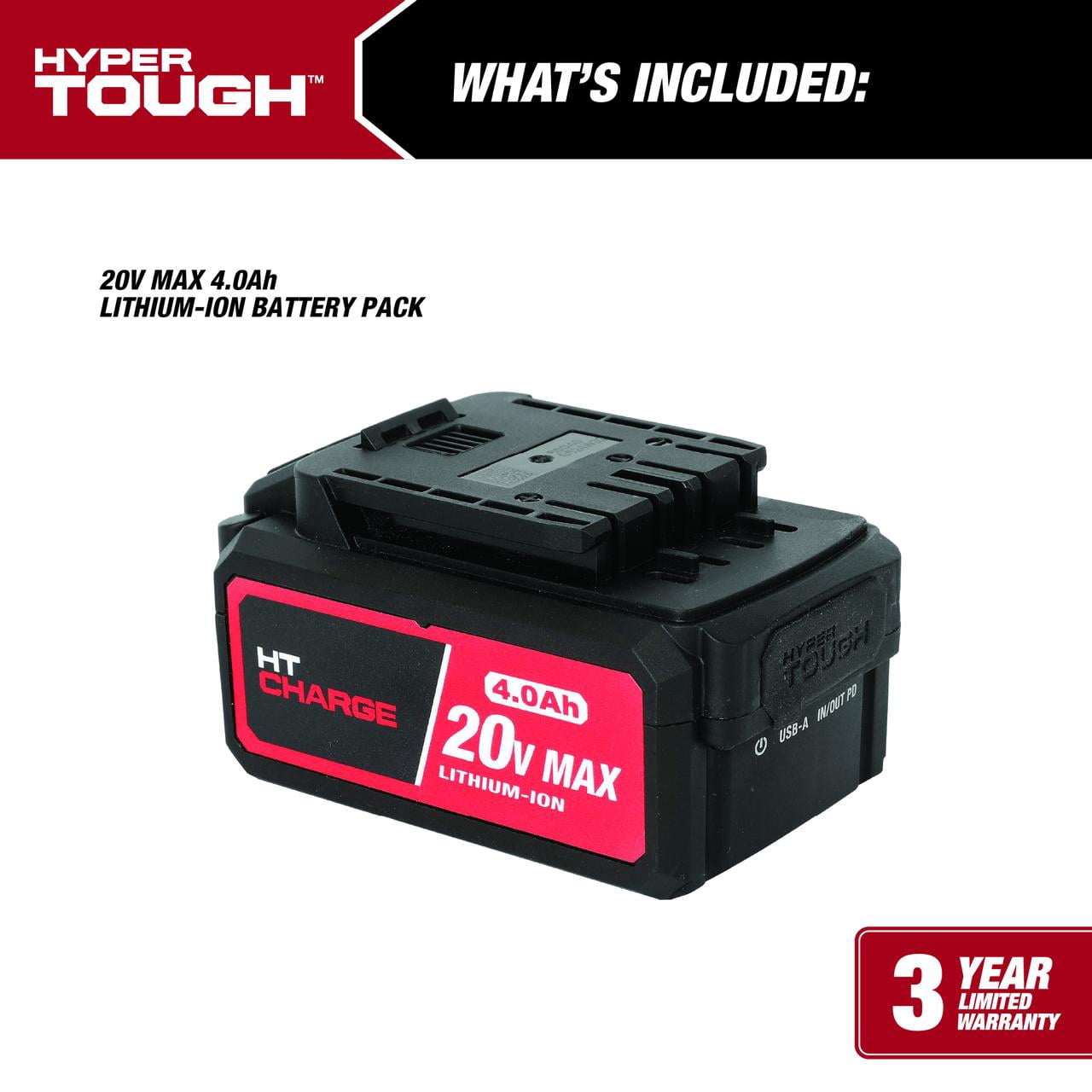 Hyper Tough 20V Lithium-Ion 4.0Ah Rechargeable Battery