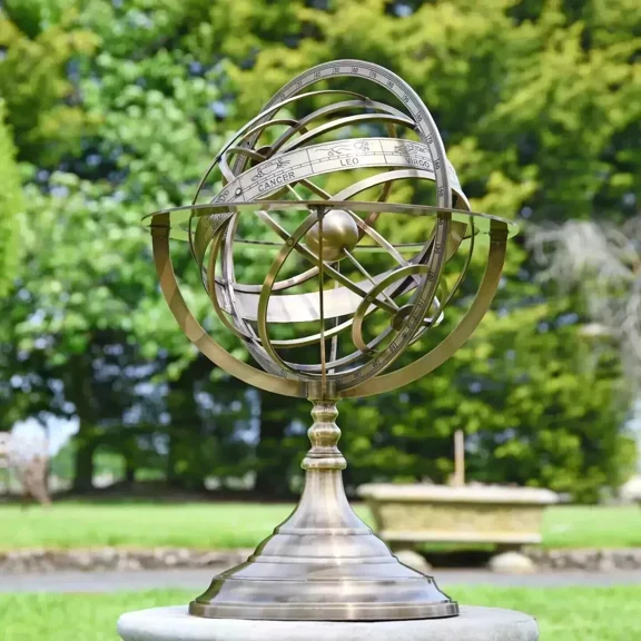IndianAntiqueShop 18-Inch Brass Celestial Armillary Sphere with Sundial – Antique Style Garden & Tabletop Ornament