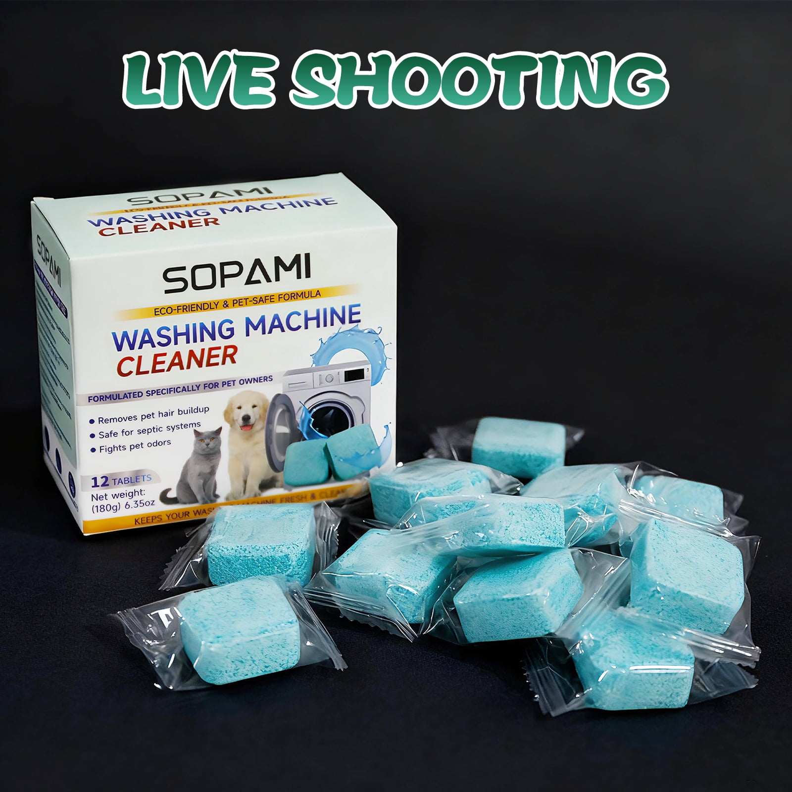 SOPAMI Washing Machine Cleaner Tablets 24-Pack (12 Month Supply) for HE/Top/Front Load Washers - Removes Stubborn Pet Hair, Odors, Mold & Residue, Septic Safe & Fragrance Free