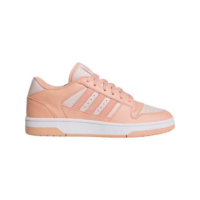 tenis adidas para mujer break start low rosa dorado — vista lateral derecha de silueta baja con parte superior sintética rosa, tres franjas laterales en relieve, puntera perforada y cuello acolchado; suela de goma blanca con banda inferior rosa, fondo blanco. Apto para uso casual diario y a menudo usado para combinar con looks urbanos.
