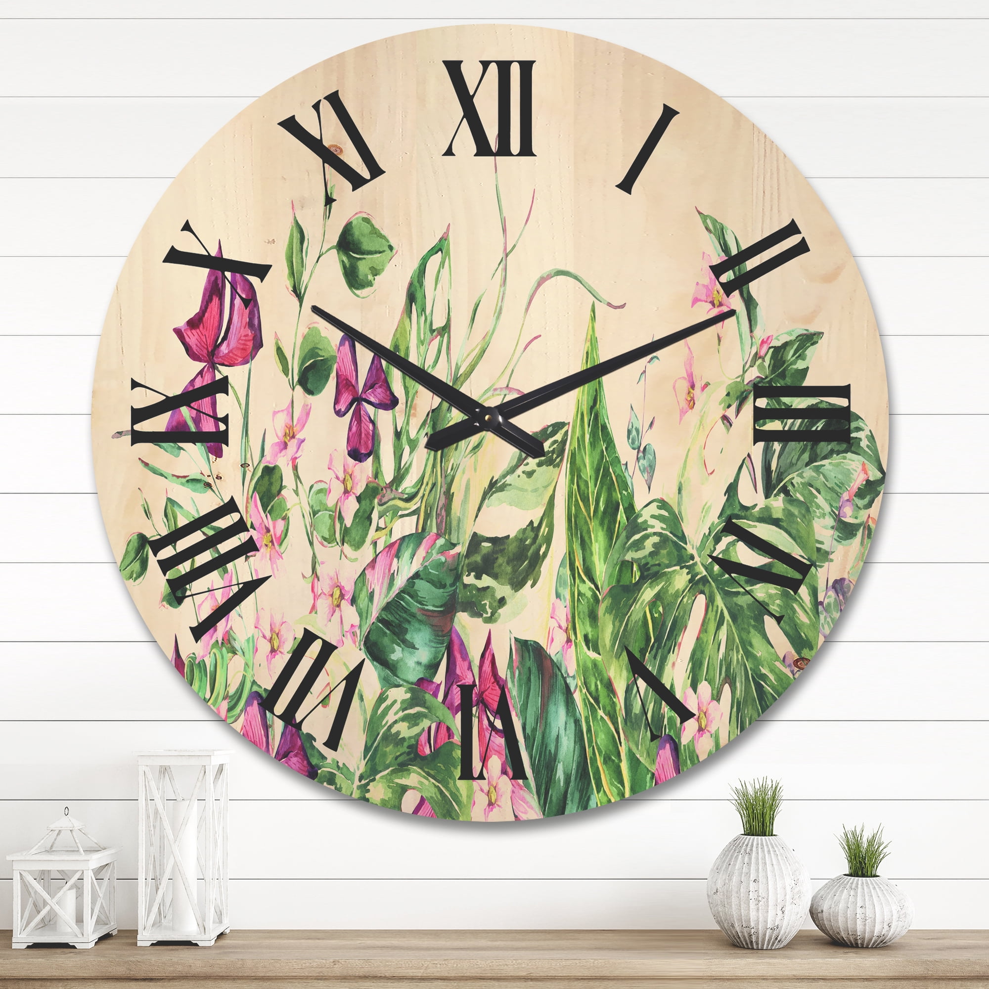 Designart 'Ancient Floral Tropical Leaves I' Tropical Wood Wall Clock
