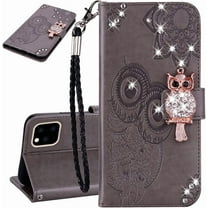 Compatible with iPhone 11 Case Glitter Stylish Crystal Owl with Wrist Strap Kickstand Magnetic Leather Wallet for Women Flip Phone Case for iPhone 11 6.1 inch Grey YK