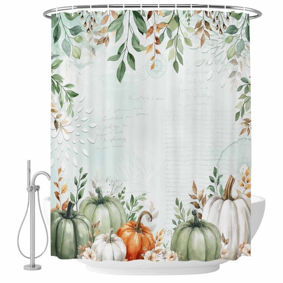 Autumn Pumpkin Shower Curtain, Waterproof Shower Curtains for Bathroom, Sage Green Thanksgiving Eucalyptus Leaves Washable Fabric Bathtub Curtain Set Bath Decor with 12 Hooks 72"x78"