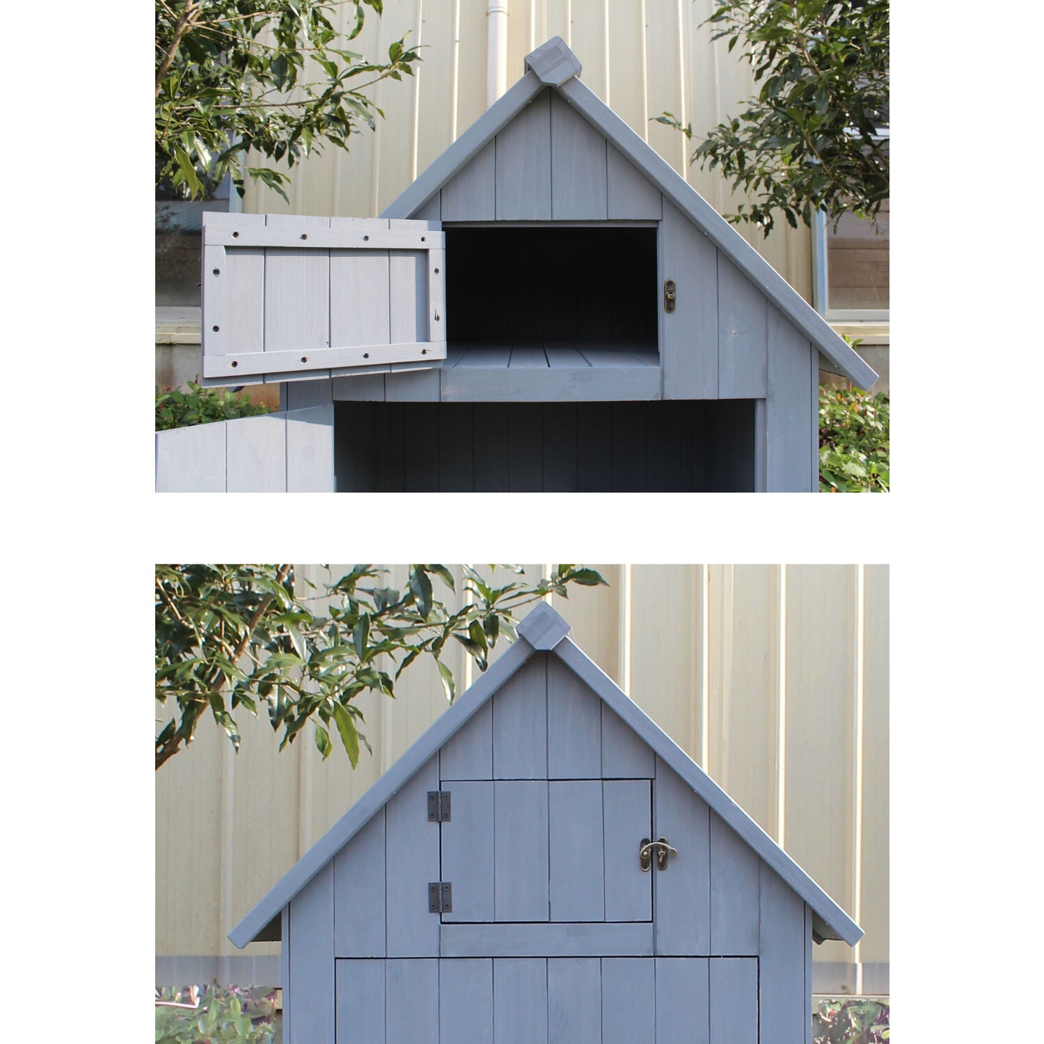 Hanover Outdoor Vertical Wooden Storage Shed for Tools, Equipment, Garden Supplies, with Shelf and Locking Latch, 8.7 cu. ft. Capacity - HANWS0102-GRY