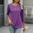 thumbnail image 4 of YHAJDS Women's Long Sleeve Tops Solid Color Round Neck Button 3/4 Sleeve Loose T Shirt Top For Fall Winter, 4 of 5