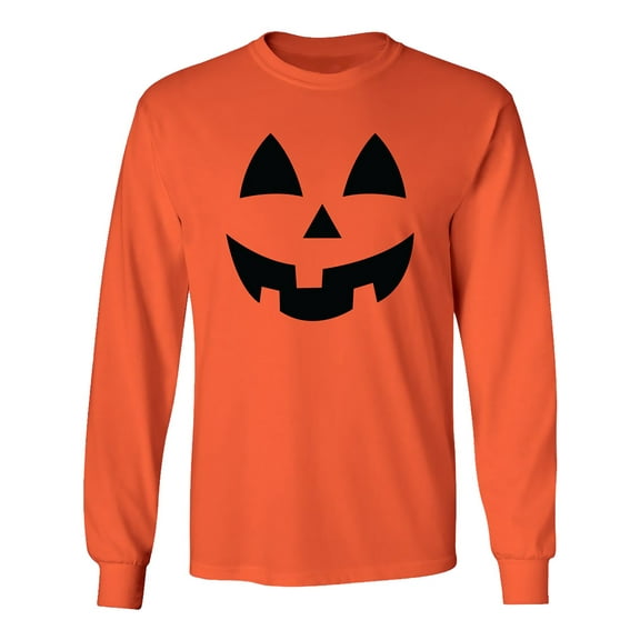 Adult Jack-O-Lantern Halloween Pumpkin Face Long Sleeve T-Shirt in Orange