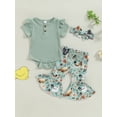 thumbnail image 3 of vera natura Baby Girl Romper Outfit Ribbed Ruffled Short Sleeve Jumpsuit with FloralChick Flare Pants Headband 3Pcs Outfit, 3 of 8