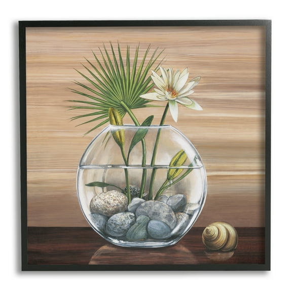 Lotus and Palm Plant in Rock Vase Still-Life Botanical & Floral Framed Art Print Wall Art, 17x17