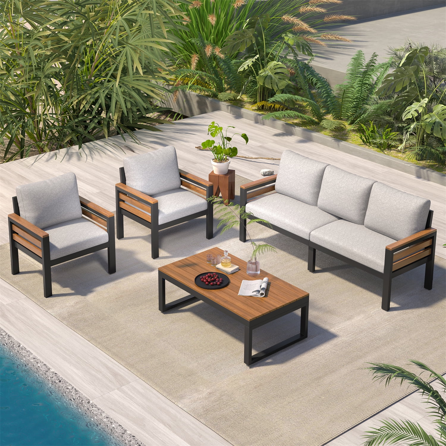 YIORTWO Patio Furniture Set, 4 Piece Outdoor Patio Furniture with Coffee Table Set, Metal Patio Conversation Sets with Washable and High-Resiliency Sponge Cushions, Beige