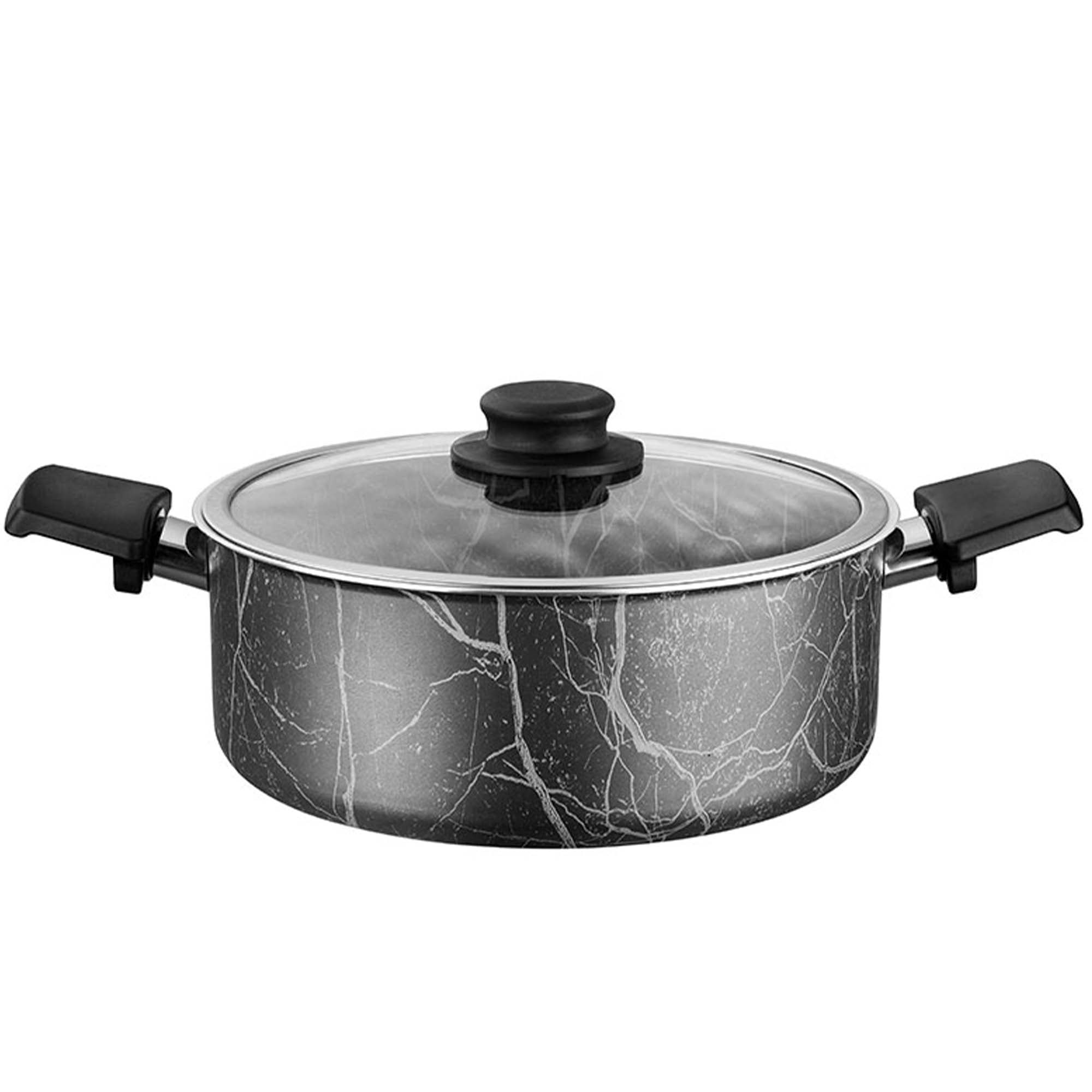 24cm Non Stick Stockpot Casserole Cooking Pan Induction Base Marble Effect Black 