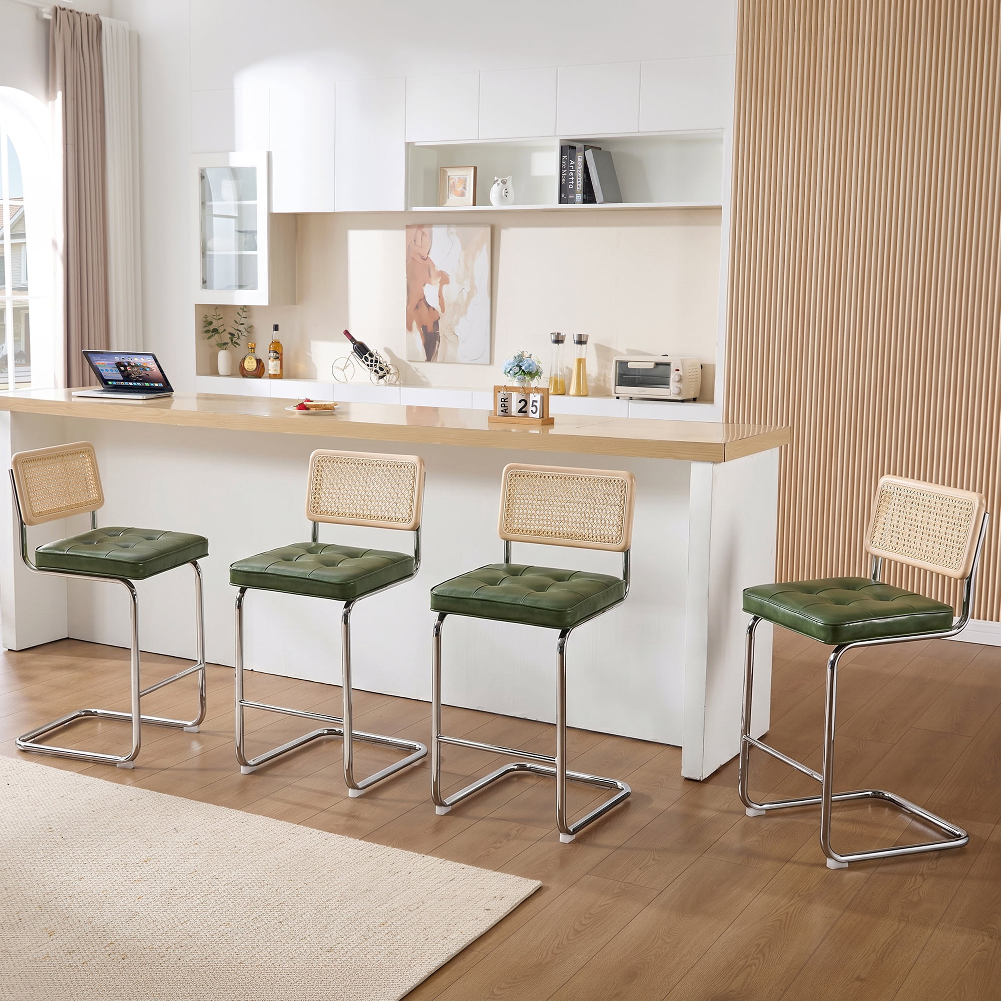 Zesthouse Rattan Counter Height Bar Stools Set of 2, 26″ Faux Leather Counter Height Barstool with Cane Back, Mid Century Modern Bar Chairs for Kitchen Island, Green