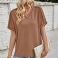 thumbnail image 4 of Uaswgudfs Women's Casual Ribbed Trim V-Neck Blouse T-Shirt - Loose Fit Short Sleeve Solid Color Top, 4 of 7