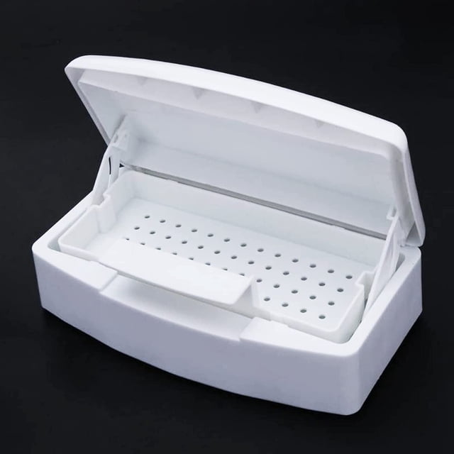 Caja organizadora de plástico para herramientas de manicura, limpia y esterilizante, con tapa transparente, bandeja desinfectante, tapa transparente para pinzas de uñas, peluquería, spa y manicura.