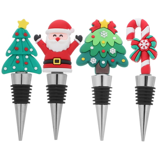 4 Tapones para Botellas de Vino Navidad: Copo de Nieve y Bastón de Caramelo - Conservadores de Bebidas Reutilizables con Tapa de Silicona - Sellos para Botellas de Cerveza