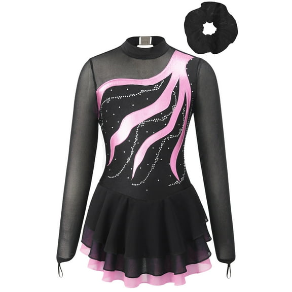 Alvivi Girls Sparkly Figure Skating Dance Dress Long Sleeve Tutu Skirted Leotard with Hair Band Pink 10