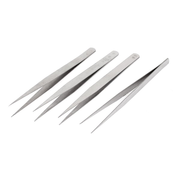 Pinzas de punta afilada de acero inoxidable tono plateado herramienta manual 5.3" de longitud 4 piezas