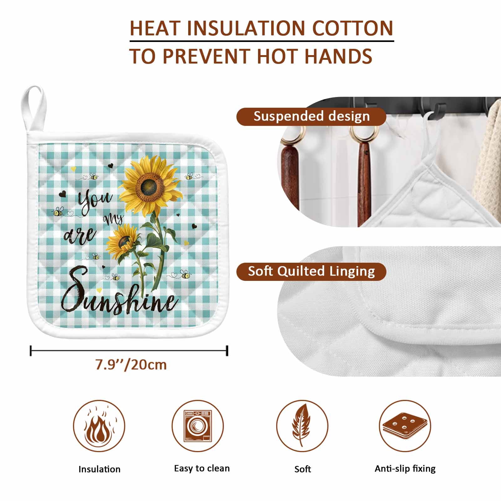 Sunflower Pot Holders for Kitchen Heatproof Potholder, 2 Pack Teal Green Check You Are My Sunshine Bee Hot Pads Multipurpose Oven Pads Cloth Potholders Trivet for Cooking and Baking