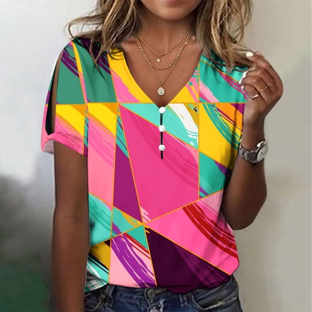 Fiudx Ofertas y Liquidaciones Camiseta de Manga Corta con Cuello En V y Estampado Informal para Mujer, Jersey con Botones, Camiseta de Manga Cruzada de Verano