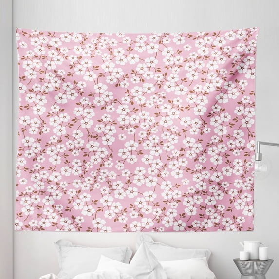Pink and White Tapestry, Cheery Bedding Plants Bursting out into White Blossoms Calico Style, Fabric Wall Hanging Decor for Bedroom Living Room Dorm, 5 Sizes, Pink Brown White, by Ambesonne