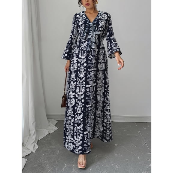 OYYN Wedding Guest Dresses for Women A-Line V Neck Bell Sleeve Maxi Floral Dress