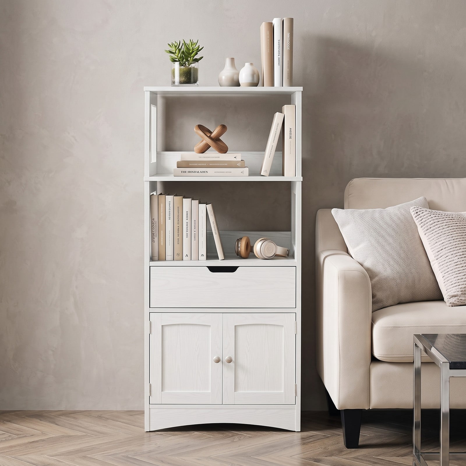ALPULON Bathroom Storage Cabinet with Drawer and Shelf, Freestanding Floor Cabinet, Waterproof MDF Organizer for Bathroom Bedroom Living Room Entryway, Anti-Tip, White