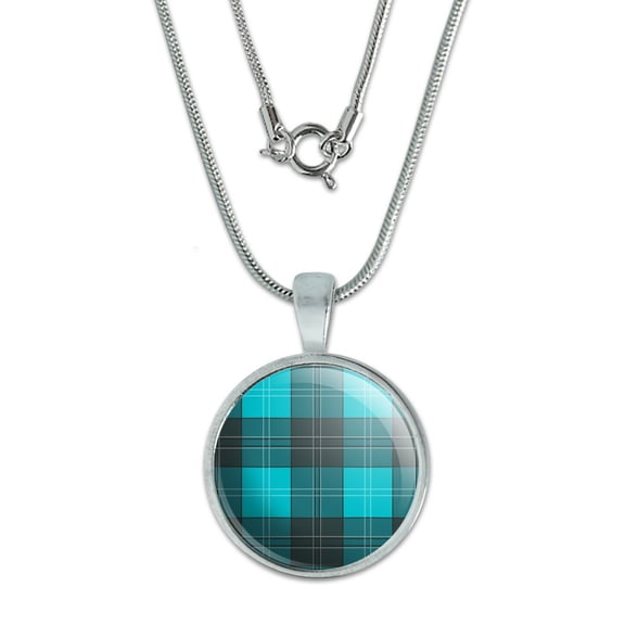 Plaid Turquoise Teal Gray Grey Pattern 0.75" Pendant with Sterling Silver Plated Chain