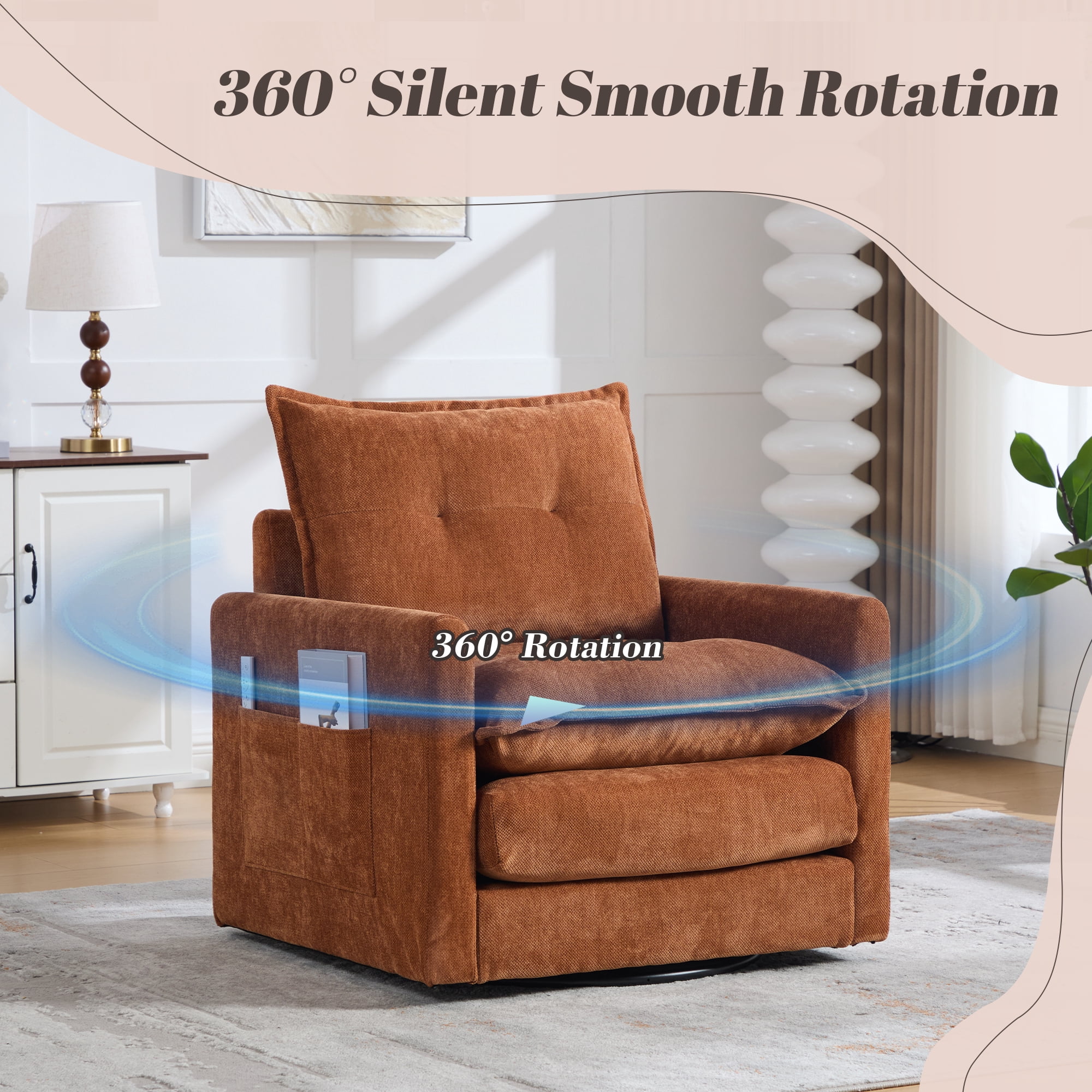 Leumius Swivel Accent Chair,Mid Century Modern Chenille Armchair with Thick Padded and Metal Base,Swivel Single Sofa Chair Barrel Reading Chair for Living Room Bedroom,Brown